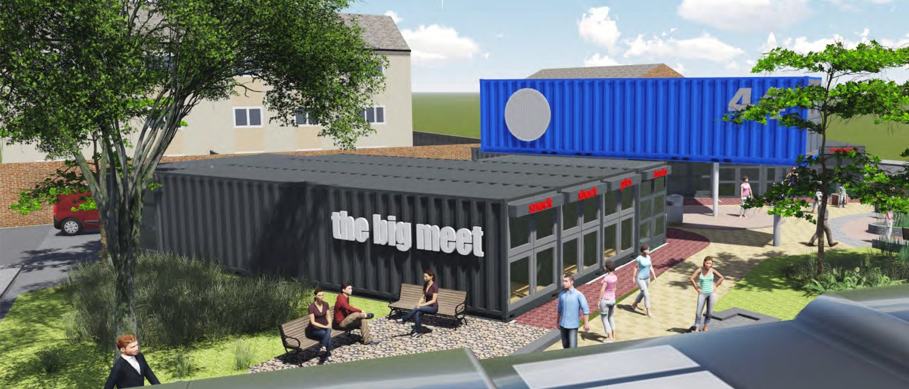 "Digital rendering of a community hub made from shipping containers, labeled 'the big meet.' The building features two primary sections: one black and one blue. The black section has large windows, a sign reading 'snack' above the windows, and outdoor seating with people sitting on benches. The blue section sits atop the black one, with a circular logo on the side. Trees and grass surround the hub, and several people are walking around the area, suggesting an active community space."
