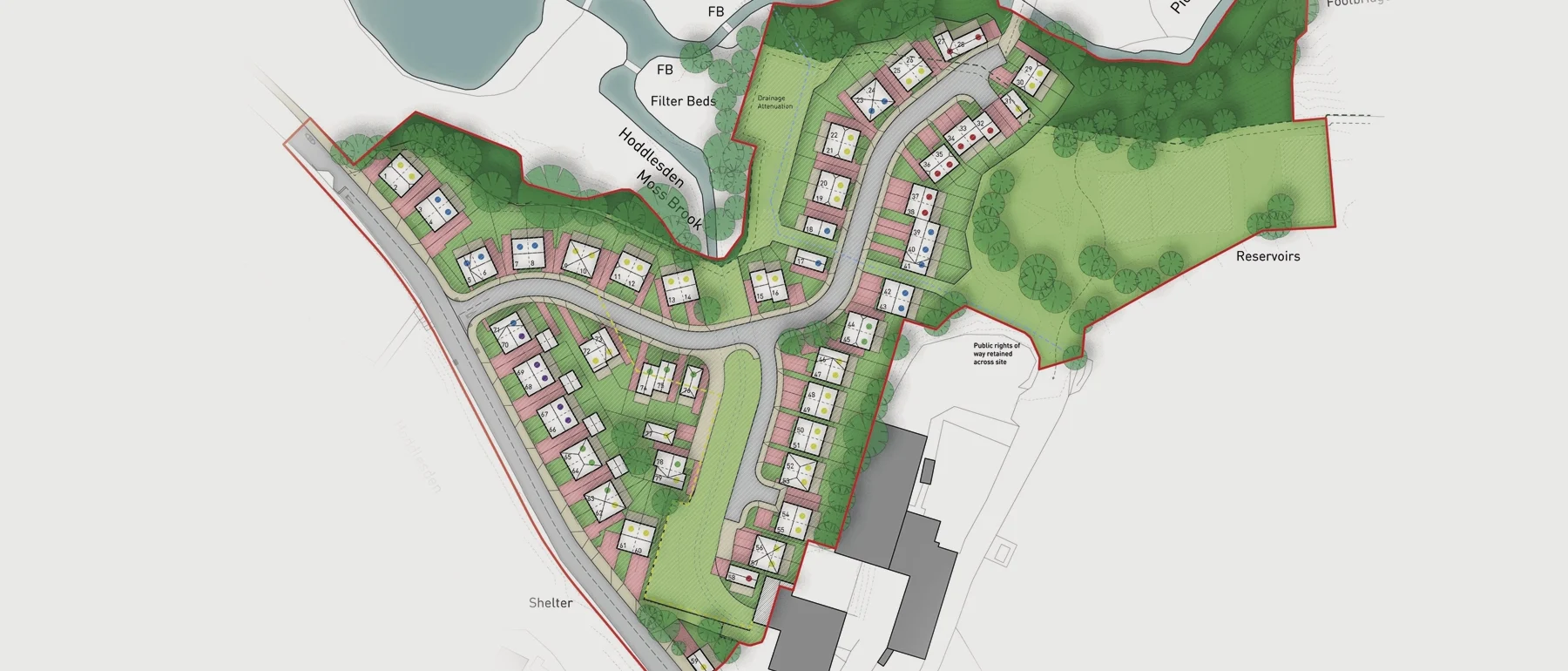 A site plan showing a residential development with houses arranged along winding roads. Green spaces, trees, and a reservoir are surrounding the housing plots. A footbridge and filter beds are located near the top of the layout