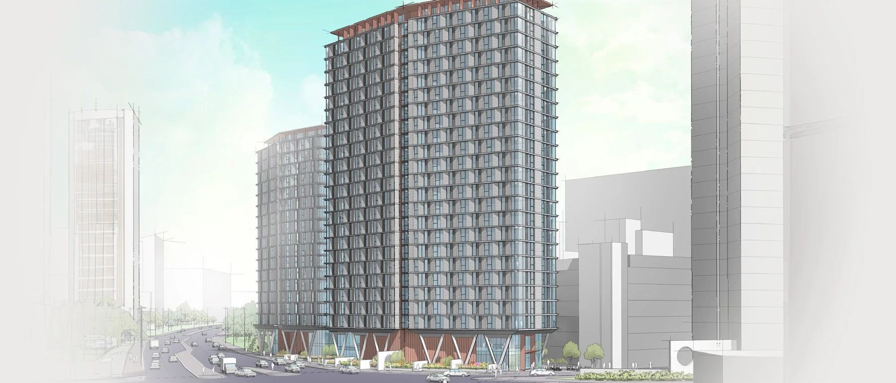 A digital rendering of a tall, modern high-rise building with a glass facade and red, angled columns at the base. The building has a curved shape and is situated on a city street with cars and pedestrians. Surrounding it are other tall buildings, with a bright blue sky and light clouds overhead.