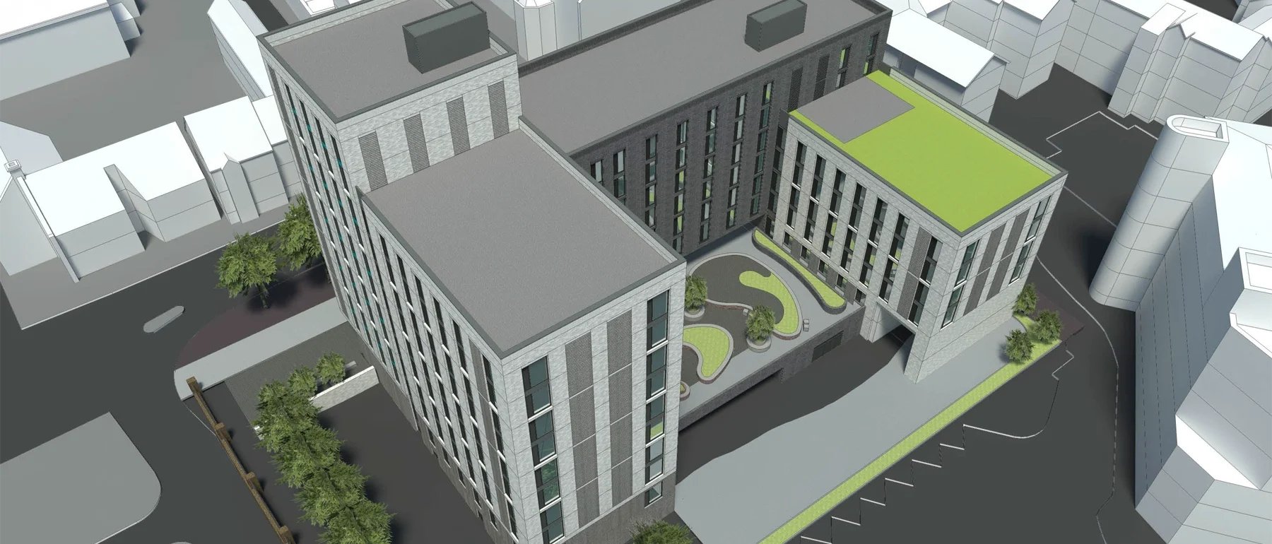 A digital aerial view of a modern multi-story building complex with gray facades and a rooftop green space. The complex surrounds a central courtyard with winding pathways and landscaping. The building is located in an urban area, with parking spaces and streets visible around it.